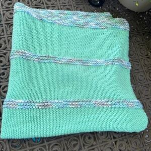 New Mint Green Knit Baby Blanket with Striped Accents 33”x 32” Never used.